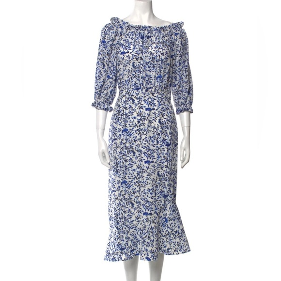 SALONI Grace off-the- shoulder Silk Midi Dress in Porcelain Print size 12 US - Picture 2 of 14